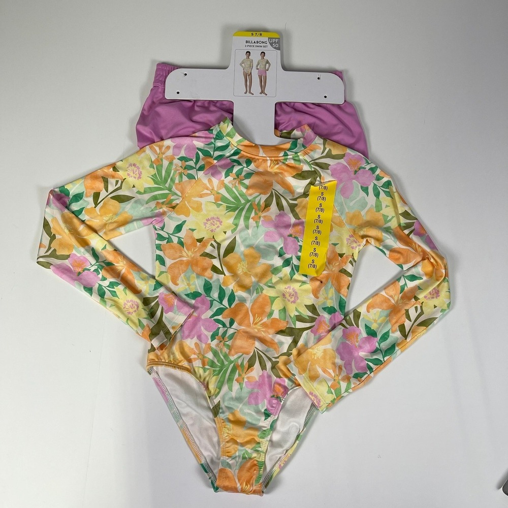 Billabong Kids Girls 2-Piece Swim Set Floral Long Sleeve Rashguard Shorts S 7/8